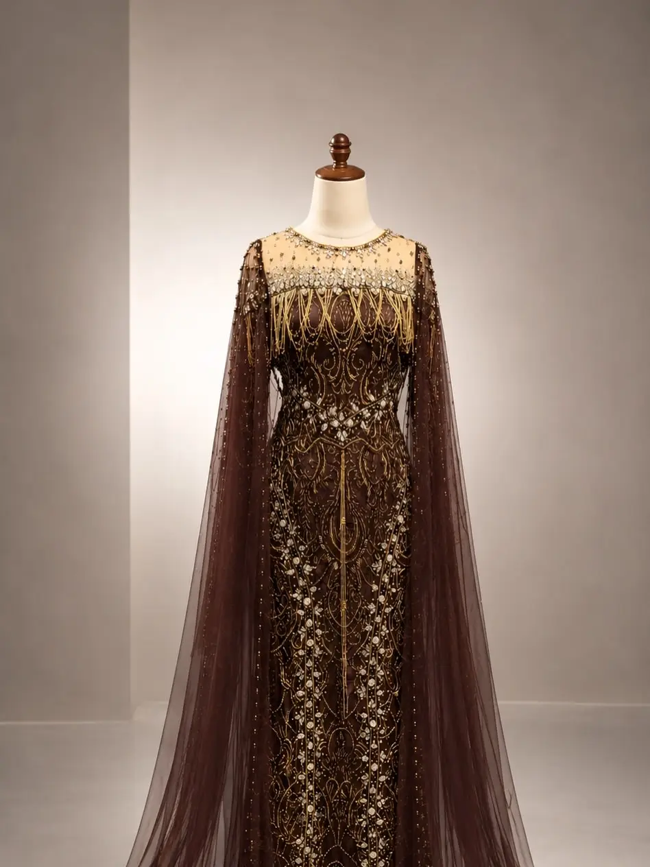 Gaun cokelat berpayet emas dengan jubah tulle panjang pada manekin, koleksi sewa @alakebaya