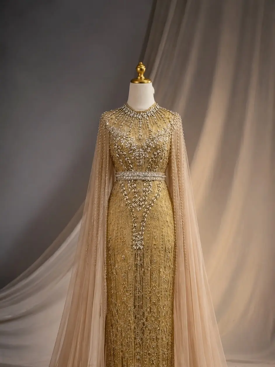 Gaun emas berpayet dengan jubah tulle krem pada manekin, koleksi sewa @alakebaya
