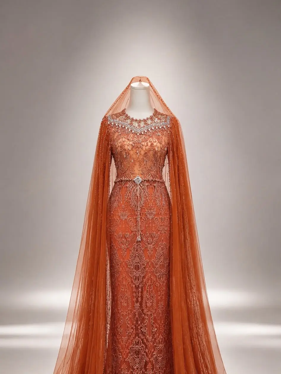 Gaun jingga bata dengan jubah tulle pada manekin, koleksi sewa @alakebaya