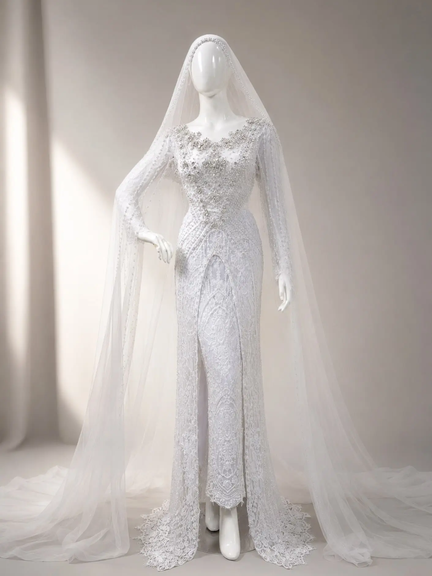 Gaun pengantin putih dengan veil panjang pada manekin, koleksi sewa @alakebaya
